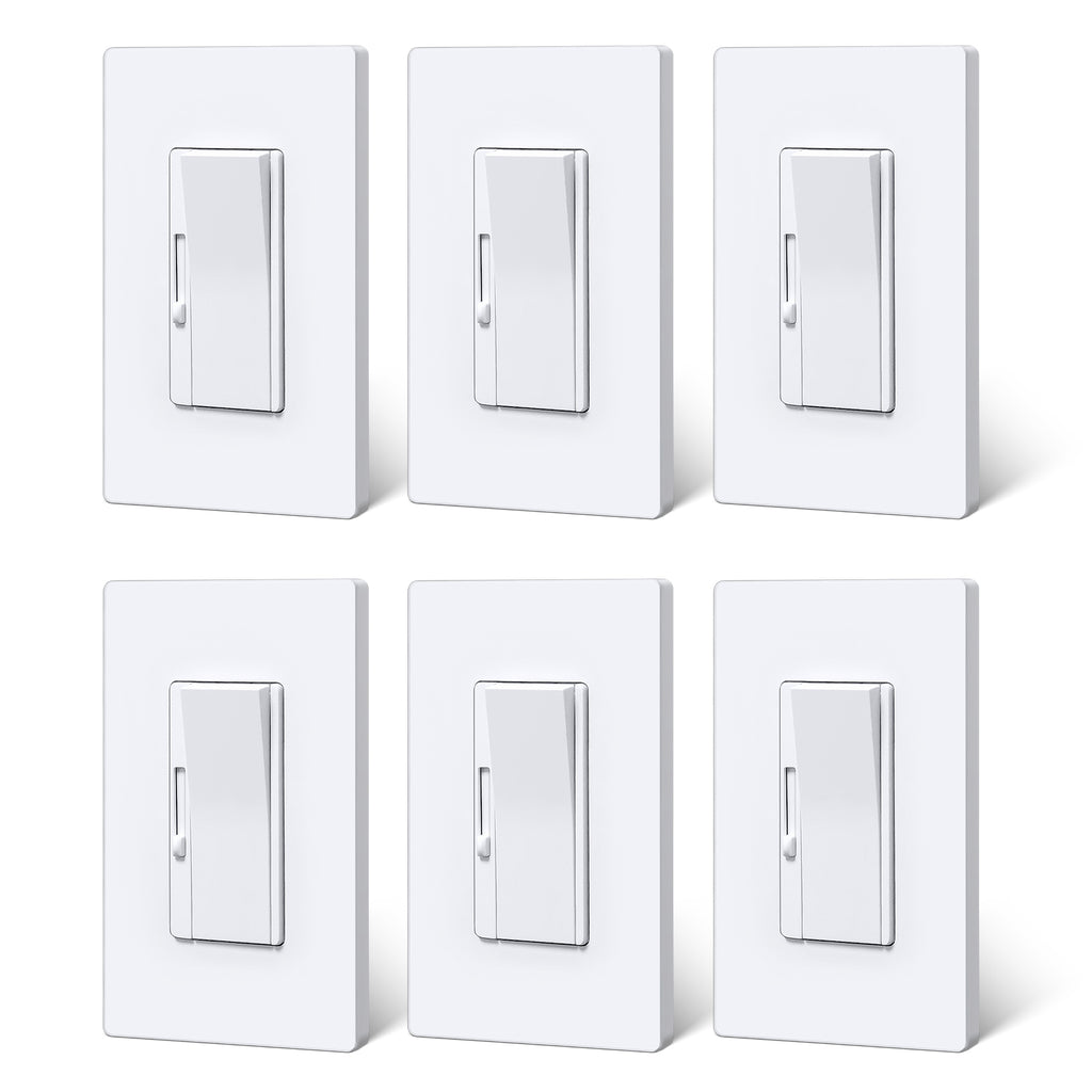 BESTTEN Super Slim Dimmer Light Switch, Quiet Rocker, Single Pole or 3 Way Dimmable Switch, Max 300W LED, CFL, 600W Incandescent, Screwless Wall Plate Included, ETL Listed, 6 Pack, White