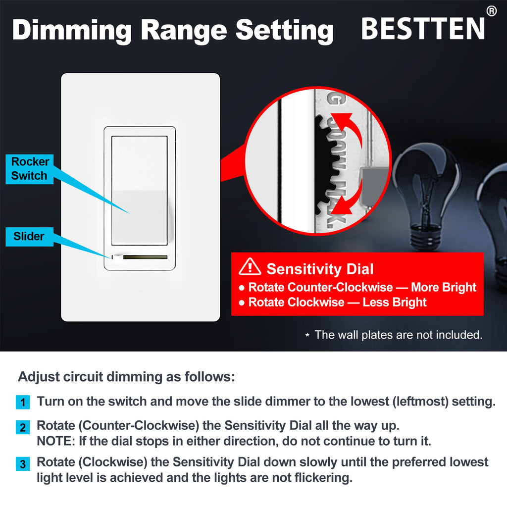BESTTEN 5 Pack Dimmer Light Switch, Single Pole or 3-Way, Compatible with Dimmable LED, CFL, Incandescent and Halogen Bulb, LED Slide Dimmer Switch, Neutral Wire Not Required, 120VAC, UL Listed, White