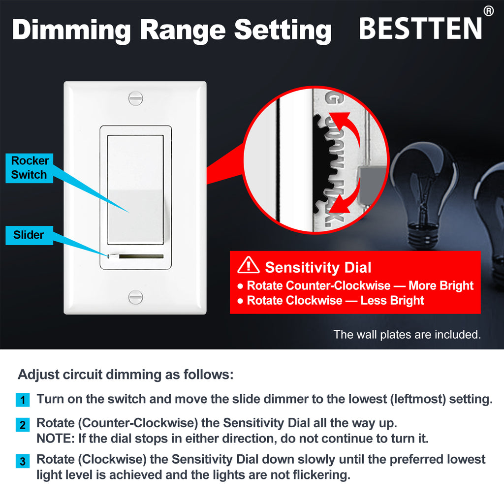 BESTTEN 6 Pack Dimmer Light Switch, LED Dimmer Switch, Single-Pole or 3-Way, for Dimmable LED, Halogen and Incandescent Bulbs, 120V, Wall Plate Included, UL Listed, White