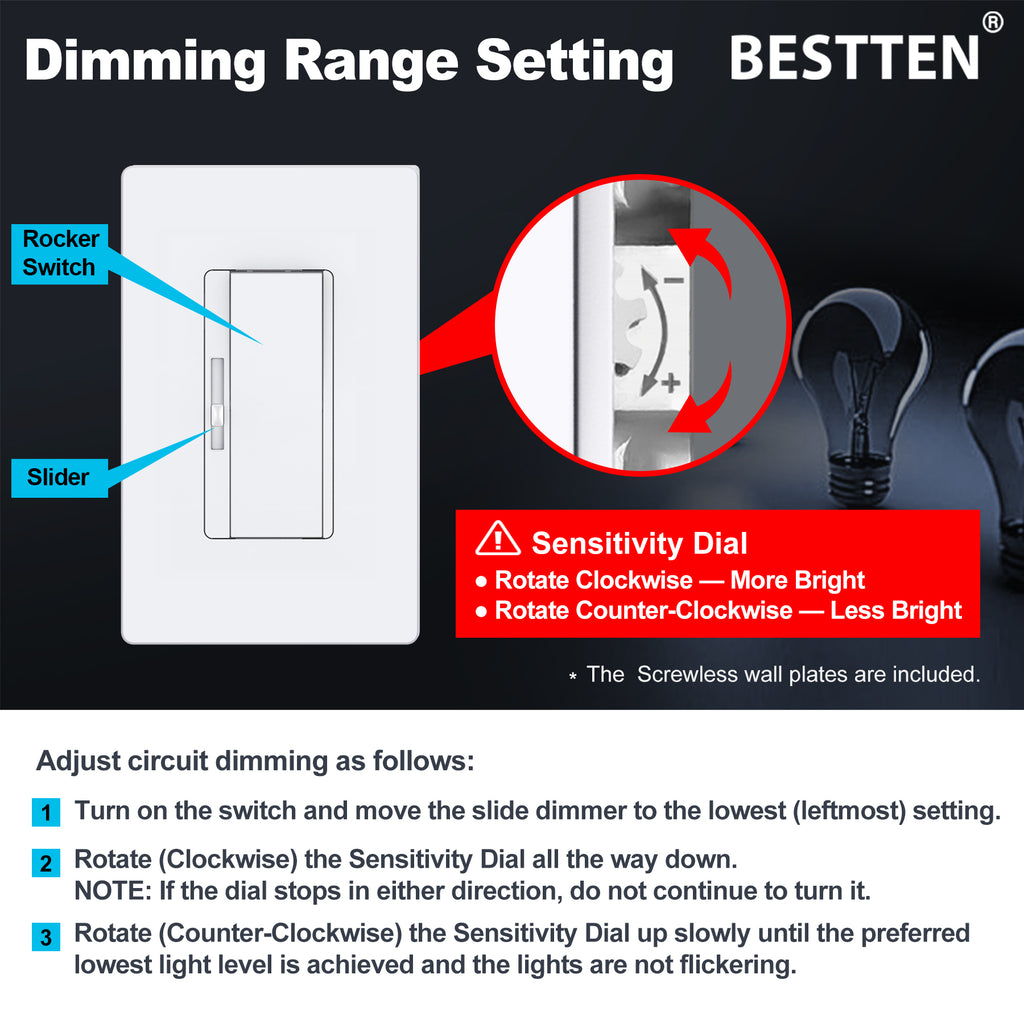 BESTTEN Super Slim Dimmer Light Switch, Quiet Rocker, Single Pole or 3 Way Dimmable Switch, Max 300W LED, CFL, 600W Incandescent, Screwless Wall Plate Included, ETL Listed, 6 Pack, White