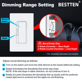BESTTEN Super Slim Dimmer Light Switch, Quiet Rocker, Single Pole or 3 Way Dimmable Switch, Max 300W LED, CFL, 600W Incandescent, Screwless Wall Plate Included, ETL Listed, 6 Pack, White