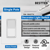 BESTTEN 40 Pack Single-Pole Light Switch, 15A 120/277V, Paddle Wall Switch, On/Off Rocker Interrupter, UL Listed, White