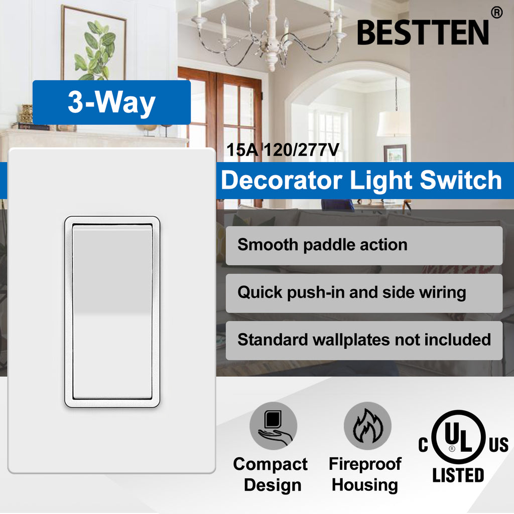 BESTTEN 10 Pack 3-Way Decorator Light Switch, 15A 120/277V, Single Pole or Three Way, Rocker Paddle Wall Switch, On/Off Rocker Interrupter, UL Listed, White