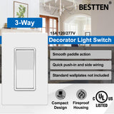 BESTTEN 10 Pack 3-Way Decorator Light Switch, 15A 120/277V, Single Pole or Three Way, Rocker Paddle Wall Switch, On/Off Rocker Interrupter, UL Listed, White