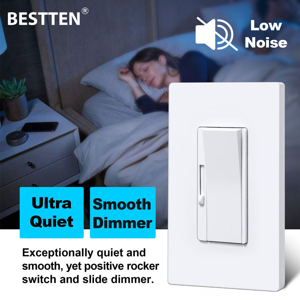 BESTTEN Super Slim Dimmer Light Switch, Quiet Rocker, Single Pole or 3 Way Dimmable Switch, Max 300W LED, CFL, 600W Incandescent, Screwless Wall Plate Included, ETL Listed, 6 Pack, White