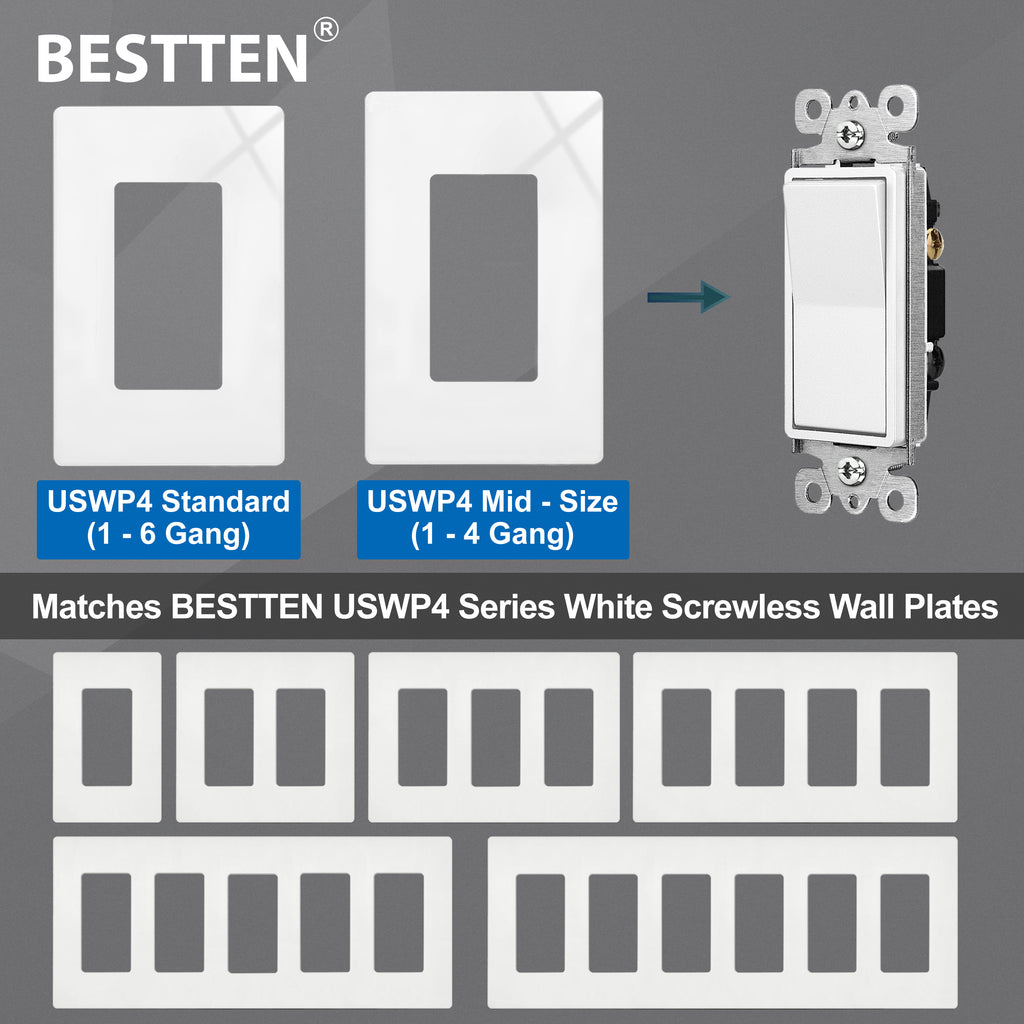 BESTTEN 10 Pack 3-Way Decorator Light Switch, 15A 120/277V, Single Pole or Three Way, Rocker Paddle Wall Switch, On/Off Rocker Interrupter, UL Listed, White