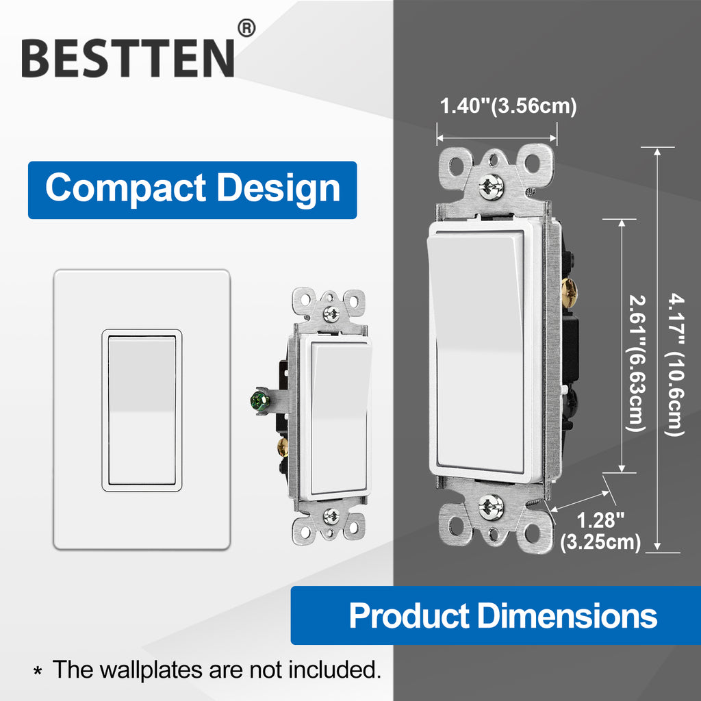 BESTTEN 10 Pack 3-Way Decorator Light Switch, 15A 120/277V, Single Pole or Three Way, Rocker Paddle Wall Switch, On/Off Rocker Interrupter, UL Listed, White