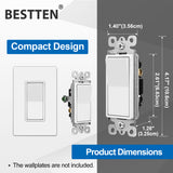 BESTTEN 10 Pack 3-Way Decorator Light Switch, 15A 120/277V, Single Pole or Three Way, Rocker Paddle Wall Switch, On/Off Rocker Interrupter, UL Listed, White