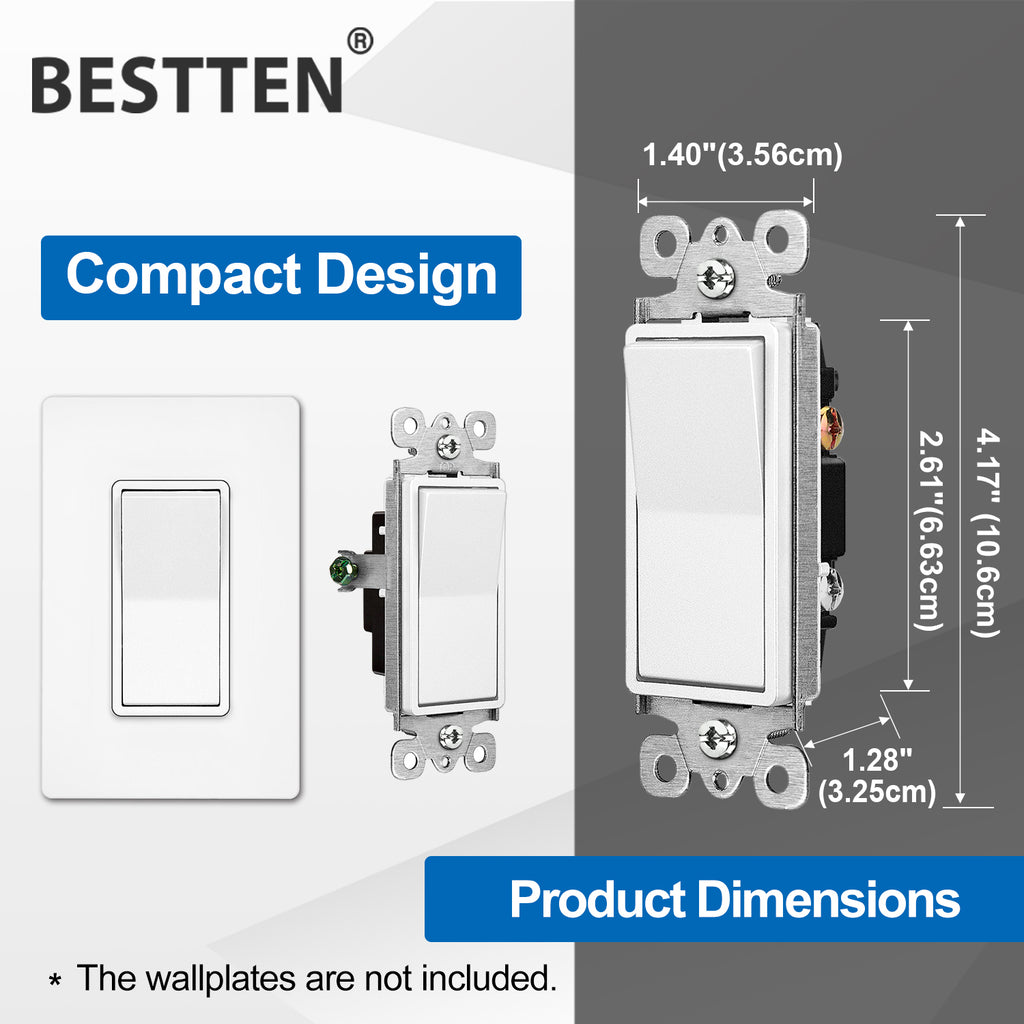BESTTEN 40 Pack Single-Pole Light Switch, 15A 120/277V, Paddle Wall Switch, On/Off Rocker Interrupter, UL Listed, White