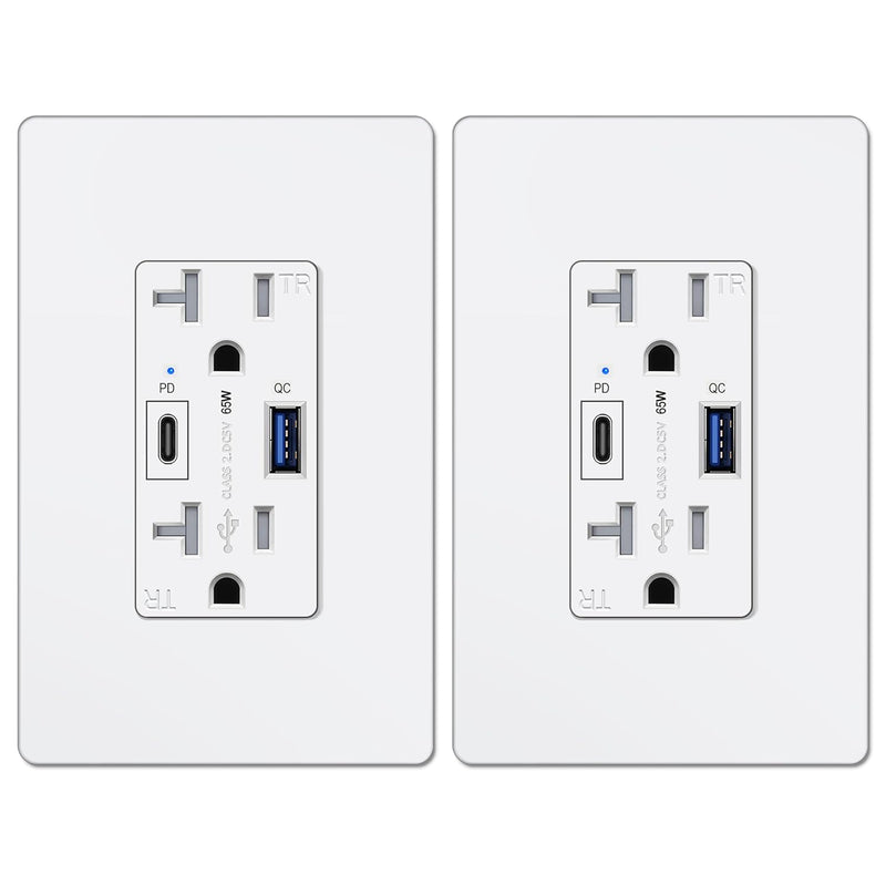 BESTTEN 2 Pack GaN 65W USB C Wall Receptacle for Laptop, 20A Outlet with High Speed Charging USB Port, Type C Supports PD 3.0 & PPS, Type A Supports Quick Charger 3.0, UL Listed, White