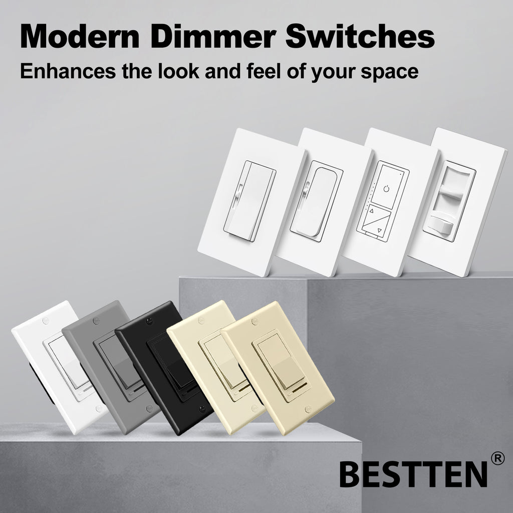 BESTTEN 5 Pack Dimmer Light Switch, Single Pole or 3-Way, Compatible with Dimmable LED, CFL, Incandescent and Halogen Bulb, LED Slide Dimmer Switch, Neutral Wire Not Required, 120VAC, UL Listed, White
