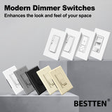 BESTTEN 5 Pack Dimmer Light Switch, Single Pole or 3-Way, Compatible with Dimmable LED, CFL, Incandescent and Halogen Bulb, LED Slide Dimmer Switch, Neutral Wire Not Required, 120VAC, UL Listed, White