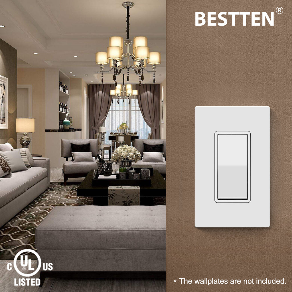 BESTTEN 40 Pack Single-Pole Light Switch, 15A 120/277V, Paddle Wall Switch, On/Off Rocker Interrupter, UL Listed, White