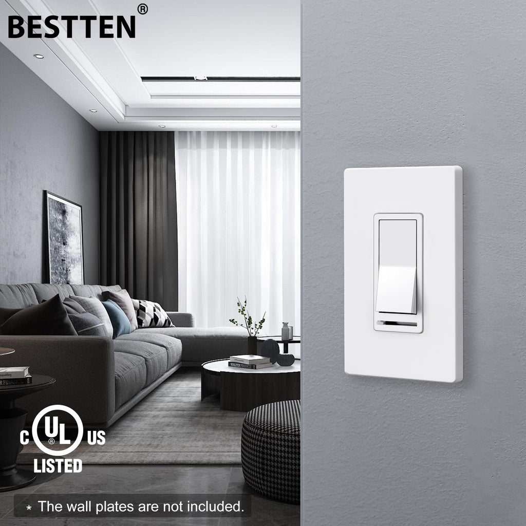 BESTTEN 10 Pack Dimmer Light Switch, Single Pole or 3-Way, Slide Dimmer Switches, Compatible with Dimmable LED, CFL, Incandescent and Halogen Bulb, Neutral Wire Not Required, 120VAC, UL Listed, White