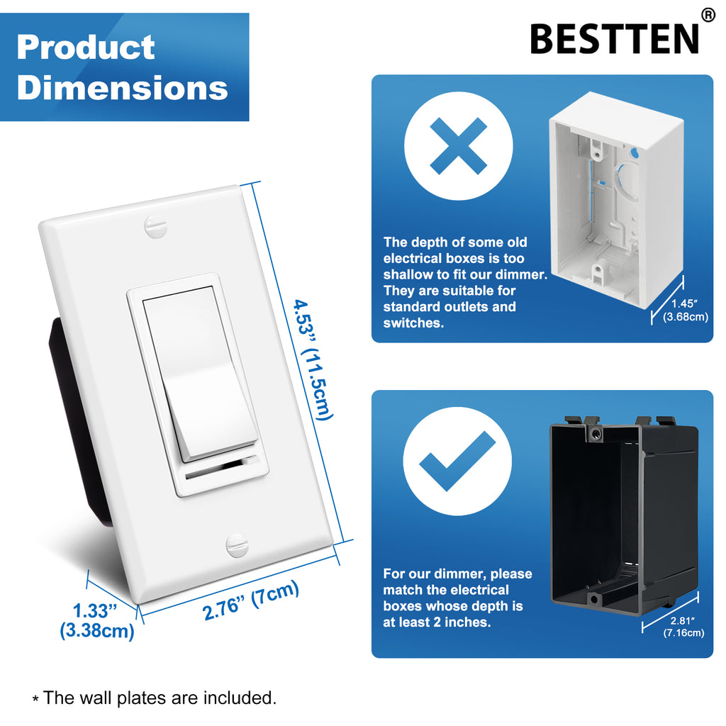 BESTTEN 6 Pack Dimmer Light Switch, LED Dimmer Switch, Single-Pole or 3-Way, for Dimmable LED, Halogen and Incandescent Bulbs, 120V, Wall Plate Included, UL Listed, White