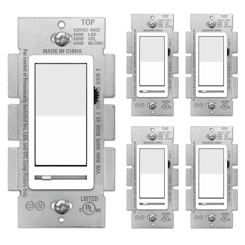 BESTTEN 5 Pack Dimmer Light Switch, Single Pole or 3-Way, Compatible with Dimmable LED, CFL, Incandescent and Halogen Bulb, LED Slide Dimmer Switch, Neutral Wire Not Required, 120VAC, UL Listed, White