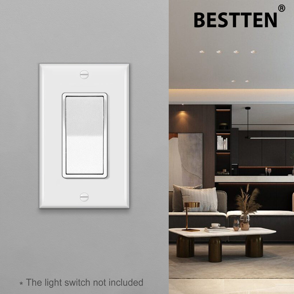 [10 Pack] BESTTEN 1-Gang Decorator Wall Plate, Standard Size, H4.53-Inch x W2.76-Inch, Unbreakable Polycarbonate Outlet and Switch Cover, White, UL Listed