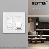 [2 Pack] BESTTEN 2-Gang Combination Light Switch Wall Plate, 1-Duplex/1-Decor, Standard Size, Unbreakable Polycarbonate Receptacle Outlet Cover, UL Listed, White