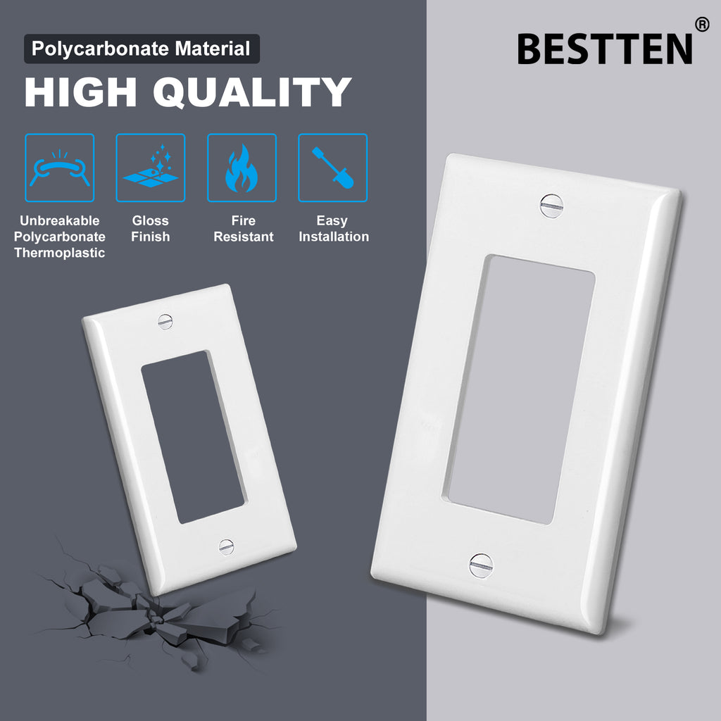 [10 Pack] BESTTEN 1-Gang Decorator Wall Plate, Standard Size, H4.53-Inch x W2.76-Inch, Unbreakable Polycarbonate Outlet and Switch Cover, White, UL Listed
