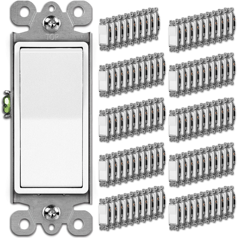BESTTEN 100 Pack Single-Pole Decorator Light Switch, Paddle Wall Switch, 15A 120/277V, On/Off Rocker Interrupter, UL Listed, White