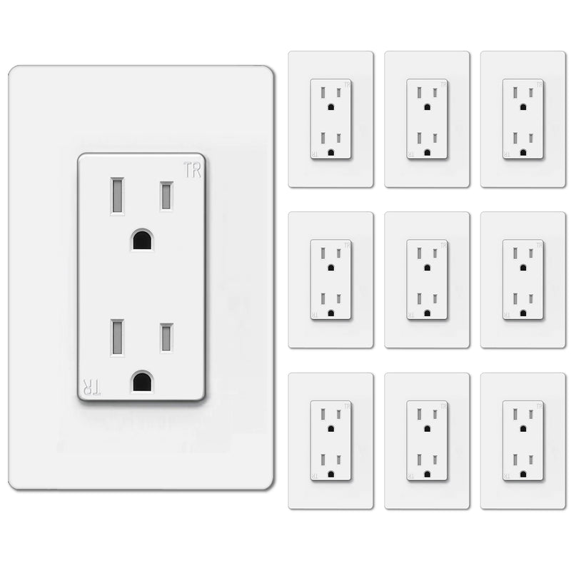 [10 Pack] BESTTEN 15 Amp Decorator Receptacle Outlet with Tamper Resistant, Screwless Wallplate Included, 110V/15A, for Commercial and Residential Use, UL Listed, White