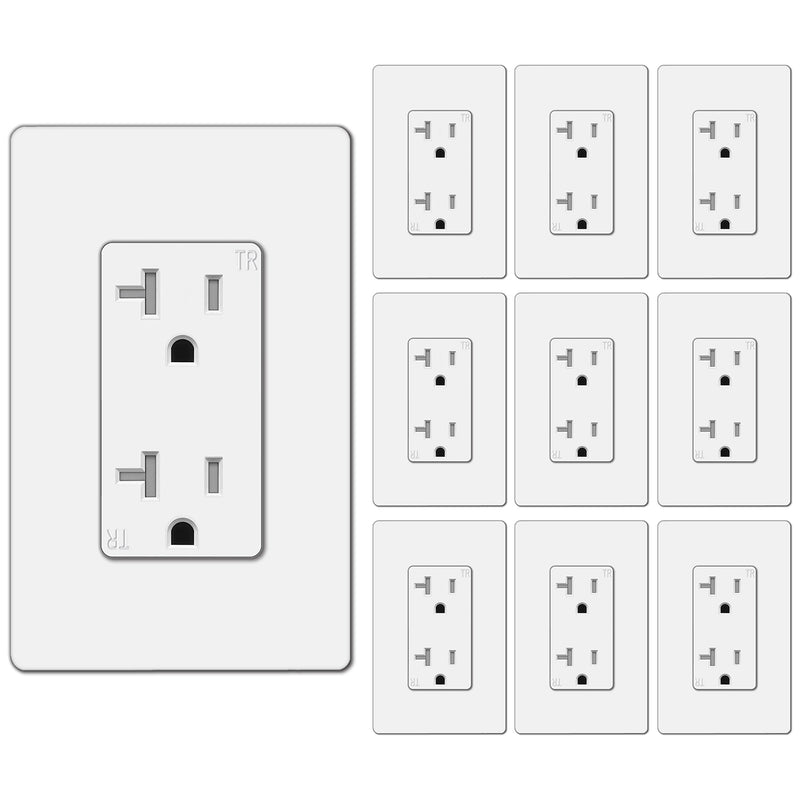 [10 Pack] BESTTEN 20 Amp Receptacle Outlet with Tamper Resistant, Screwless Wallplate Included, UL Listed, White