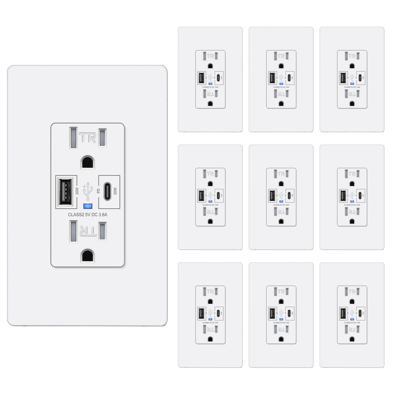 ELEGRP 21W USB Wall Outlet with Type A and Type C USB Ports, 20 Amp Tamper Resistant, with Screwless Wall Plate,White (1 Pack)