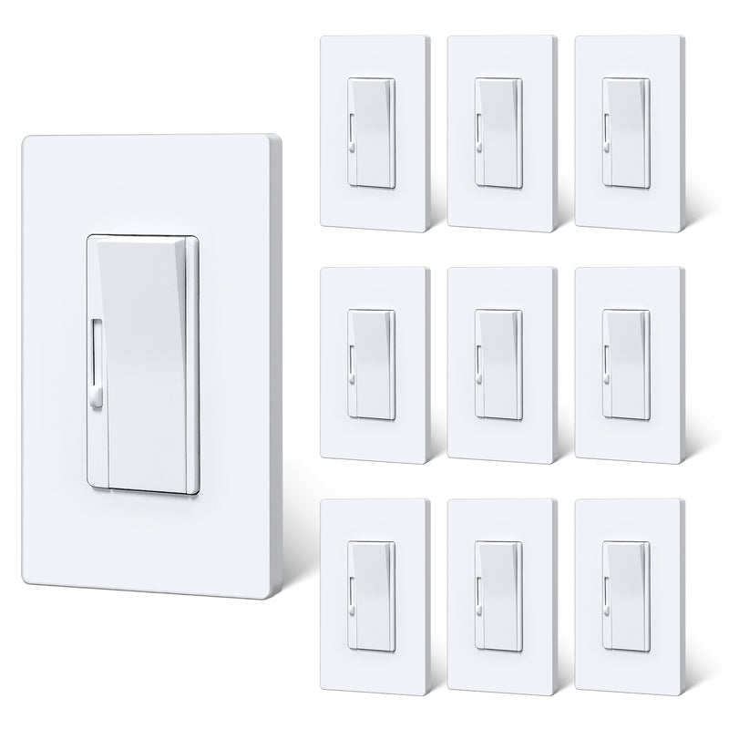 BESTTEN 10 Pack Super Slim Digital Dimmer Light Switch, Quiet Rocker, Max 300W LED, CFL, 600W Halogen, Single Pole or 3 Way Dimmable Switch, Screwless Wallplate Included, ETL Listed, White
