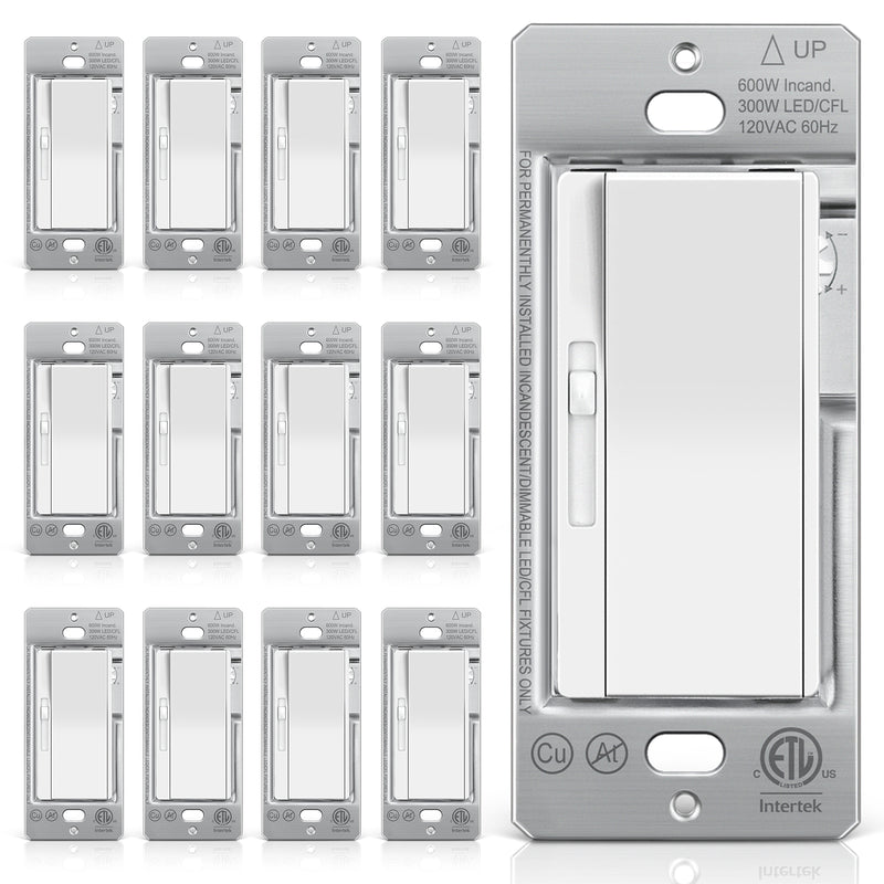 BESTTEN 12 Pack Super Slim Slide Dimmer Light Switch, Single Pole or 3 Way Dimmer Switches, Compatible with LED Dimmable Lamp, CFL, Incandescent, Halogen Bulb, ETL Listed, White