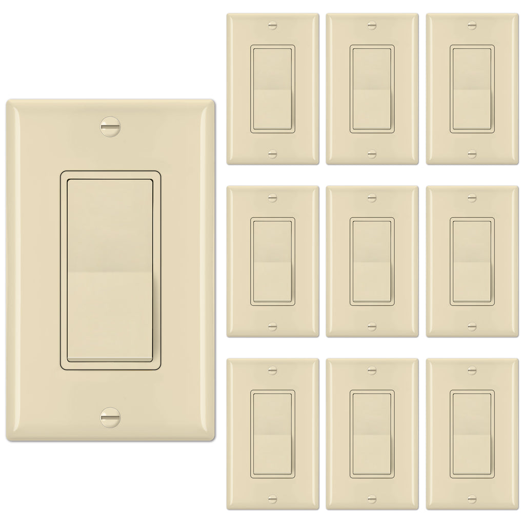 [10 Pack] BESTTEN Single Pole Decorator Wall Light Switch with Wall Plate, 15A 120/277V, On/Off Rocker Paddle Interrupter, UL Listed