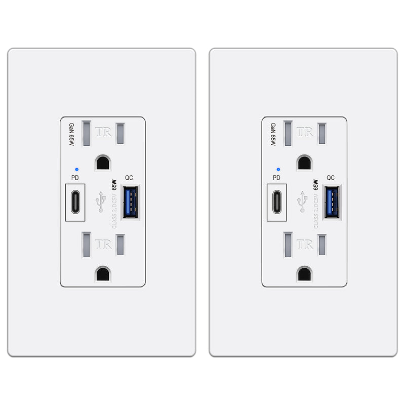 [2 Pack] BESTTEN GaN 65W USB C Outlet Receptacle, 15A High Speed Charging Electrical Outlet with USB Ports, Type C Supports PD 3.0 & PPS, Type A Supports Quick Charger 3.0, UL Listed, White