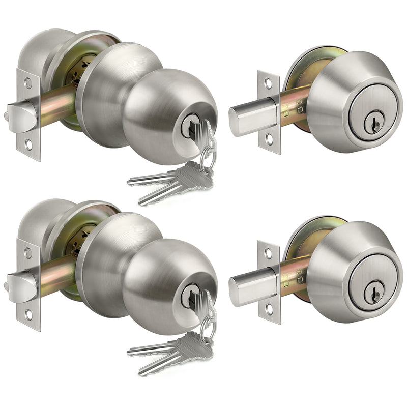 2 Pack Keyed Same Exterior Door Knobs and Single Cylinder Deadbolts Combo Set, Keyed Alike Entry Door Knobs with Locks and Keys for Entrance and Front Door, Satin Nickel