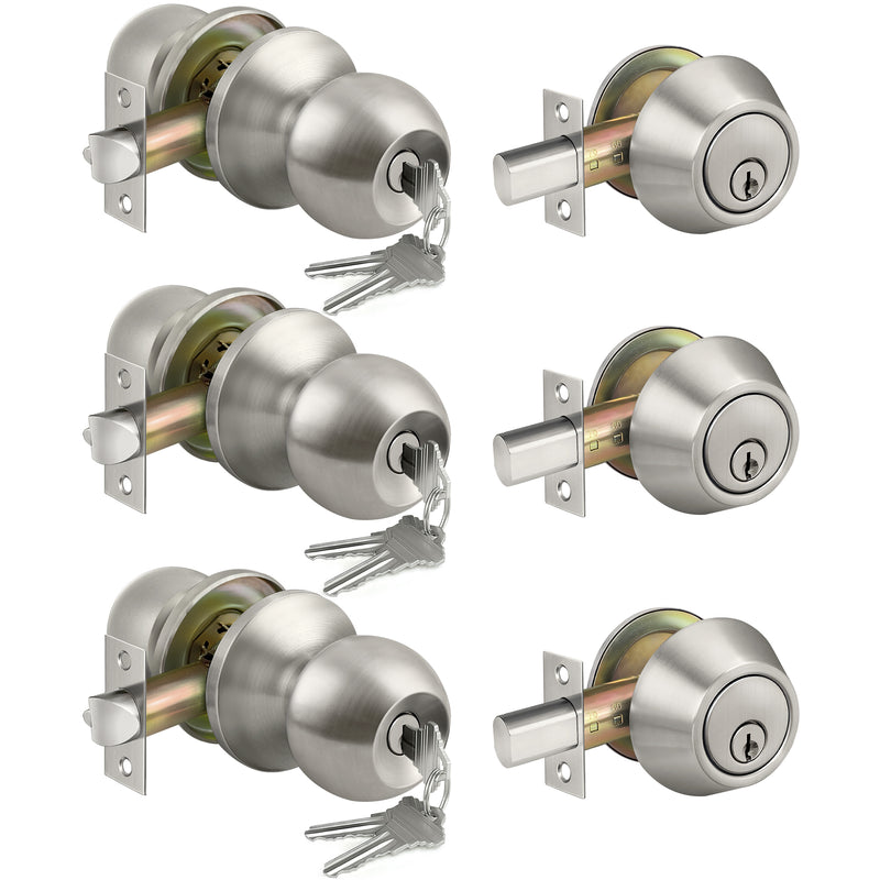 3 Pack Keyed Alike Exterior Door Knobs and Single Cylinder Deadbolts Combo Set, Satin Nickel Entry Door Knobs with Locks and Keys for Entrance and Front Door