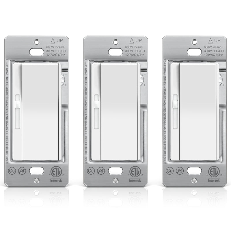 BESTTEN 3 Pack Slide Dimmer Light Switch, Quiet Rocker, Super Slim Single Pole or 3 Way Dimmable Switch, Max 300W LED, CFL, 600W Incandescent, ETL Listed, White