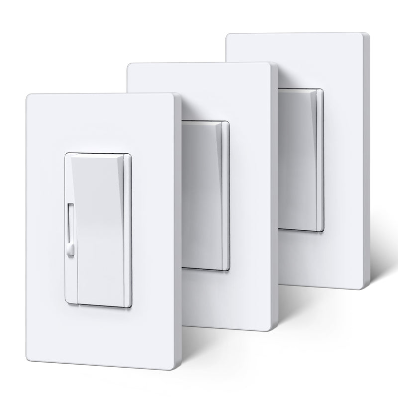 BESTTEN Super Slim Dimmer Light Switch, Quiet Rocker, Max 300W LED, CFL, 600W Incandescent, Single Pole or 3 Way Dimmable Switch with Screwless Wallplate, ETL Listed, 3 Pack, White