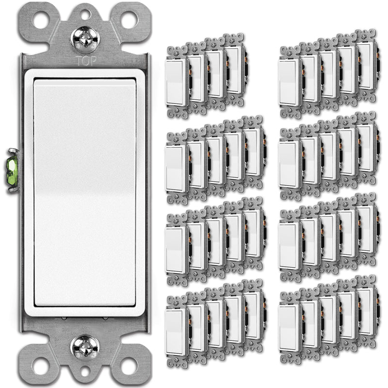 BESTTEN 40 Pack Single-Pole Light Switch, 15A 120/277V, Paddle Wall Switch, On/Off Rocker Interrupter, UL Listed, White