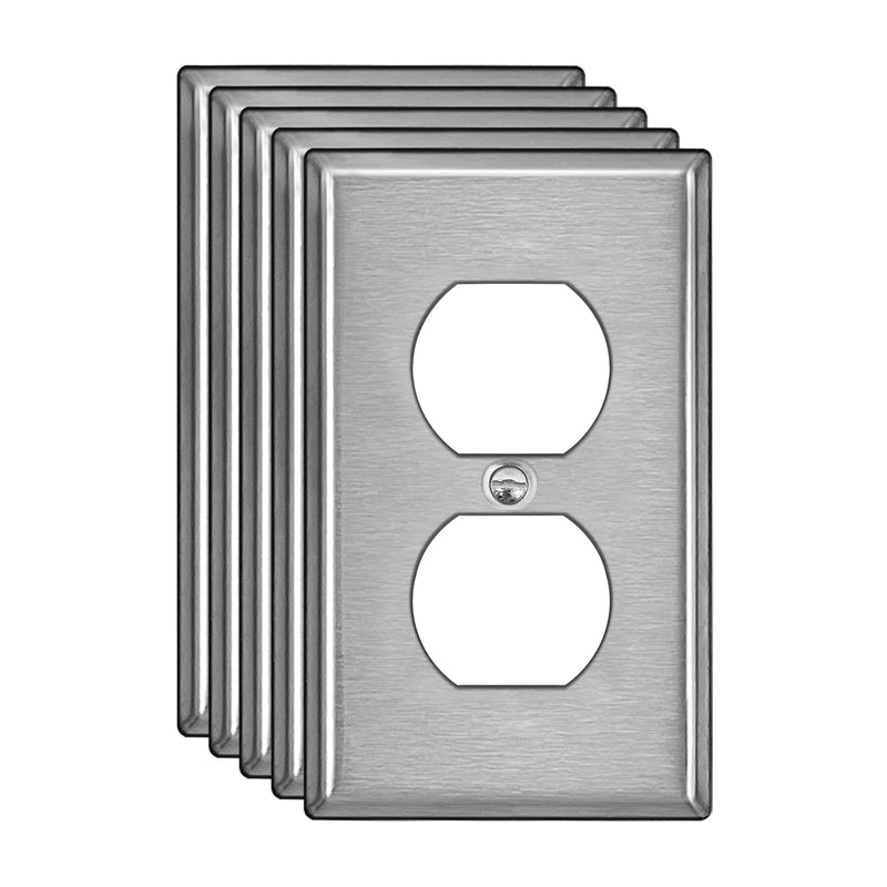 [5 Pack] BESTTEN Duplex Metal Wall Plate with Protective Film, 1-Gang Standard Size, Corrosion-Resistant Stainless Steel Outlet and Switch Cover, Industrial Grade, Brushed Finish, Silver