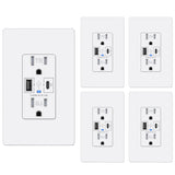 [5 Pack] BESTTEN 30W PD 3.0 USB C Wall Outlet, 15 Amp Tamper-Resistant Outlet with Type C & Type A Ports, Quick Charging Electrical Outlet, Screwless Wall Plates Included, UL Listed, White
