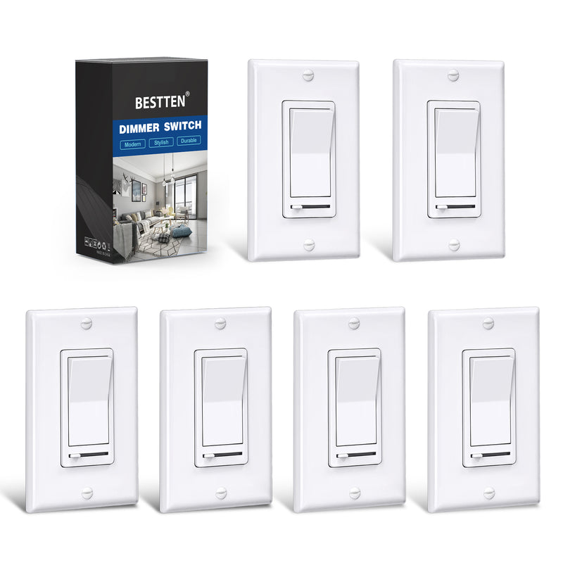 BESTTEN 6 Pack Dimmer Light Switch, LED Dimmer Switch, Single-Pole or 3-Way, for Dimmable LED, Halogen and Incandescent Bulbs, 120V, Wall Plate Included, UL Listed, White