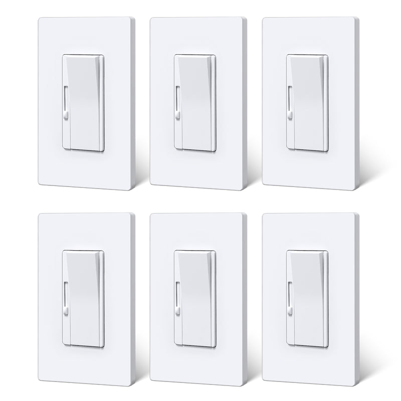 BESTTEN Super Slim Dimmer Light Switch, Quiet Rocker, Single Pole or 3 Way Dimmable Switch, Max 300W LED, CFL, 600W Incandescent, Screwless Wall Plate Included, ETL Listed, 6 Pack, White