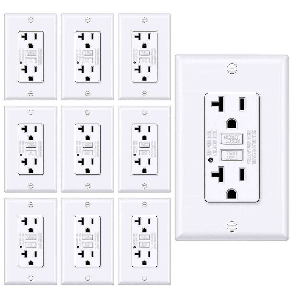 [10 Pack] BESTTEN 20 Amp GFCI Receptacle Outlet, GFI Outlet with LED Indicator, Ground Fault Circuit Interrupter, Wallplate Included, ETL Certified, White