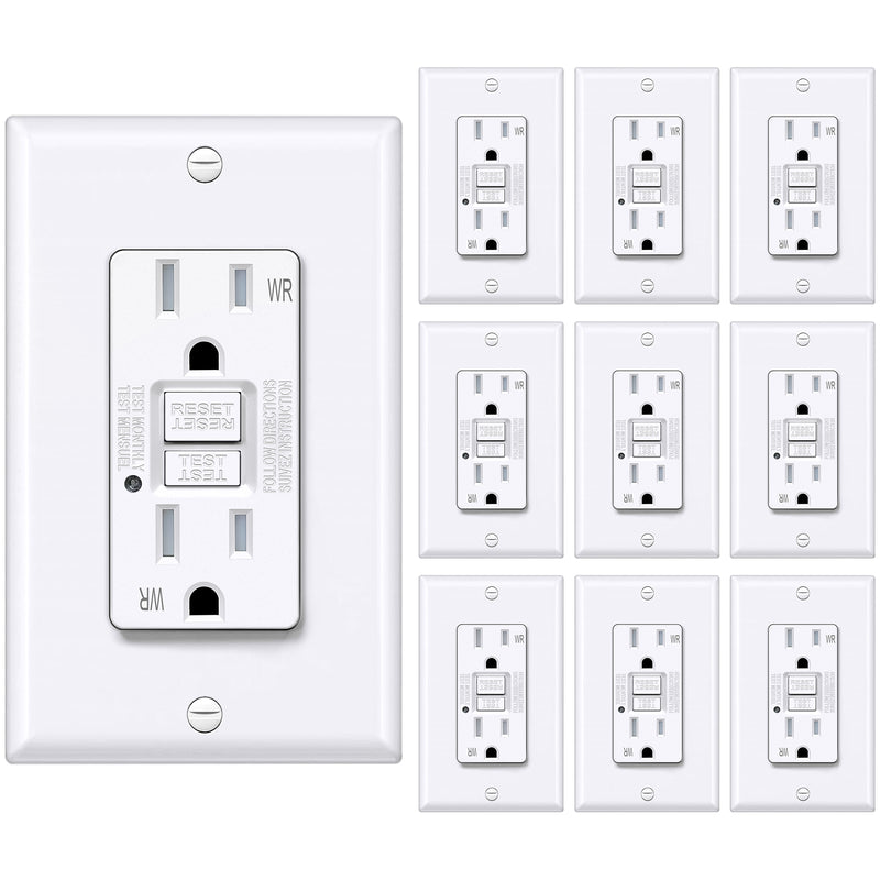 [10 Pack] BESTTEN 15 Amp GFCI Outlet, Outdoor Weather Resistant GFI Receptacle, 15A Ground Fault Circuit Interrupter with LED Indicator, Decorator Wallplates Included, ETL Certified, White