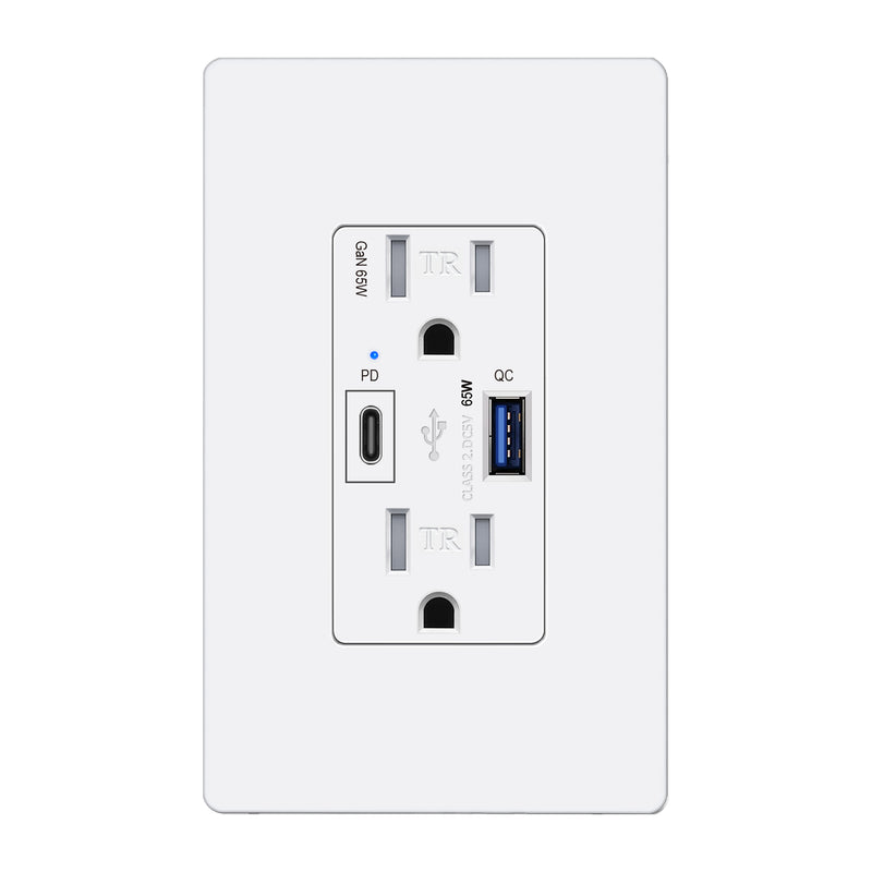 BESTTEN GaN 65W USB C Wall Outlet Receptacle, Type C Supports PD 3.0 & PPS, Type A Supports Quick Charger 3.0, 15 Amp High Speed Charging Power Outlet with USB Ports, UL Listed, White