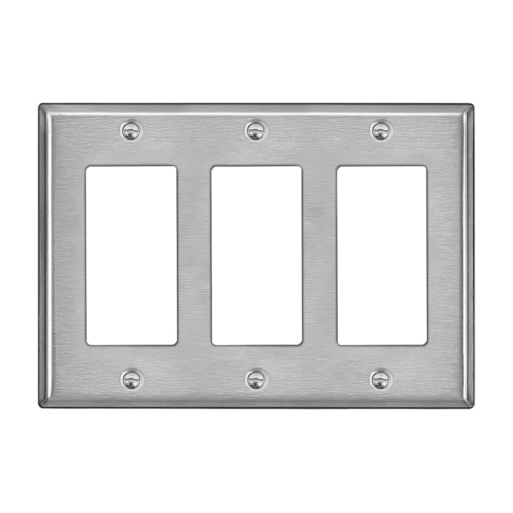 BESTTEN 3-Gang Decorator Metal Wall Plate with White or Clear Plastic Film, Standard Size, H4.53" x W6.38", Stainless Steel Outlet Cover