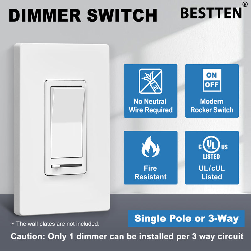 BESTTEN 5 Pack Dimmer Light Switch, Single Pole or 3-Way, Compatible with Dimmable LED, CFL, Incandescent and Halogen Bulb, LED Slide Dimmer Switch, Neutral Wire Not Required, 120VAC, UL Listed, White