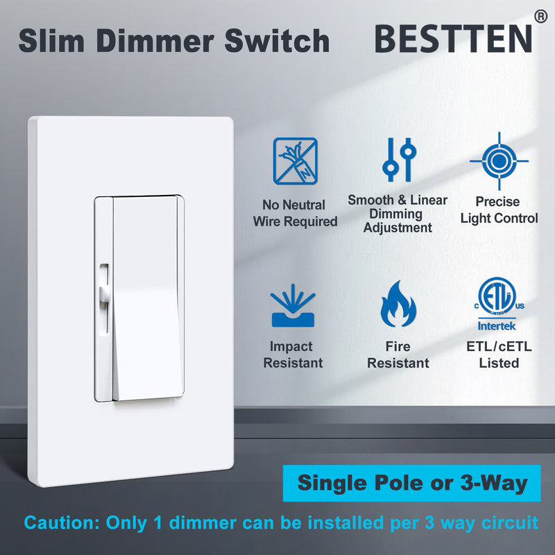 BESTTEN Super Slim Dimmer Light Switch, Quiet Rocker, Single Pole or 3 Way Dimmable Switch, Max 300W LED, CFL, 600W Incandescent, Screwless Wall Plate Included, ETL Listed, 6 Pack, White