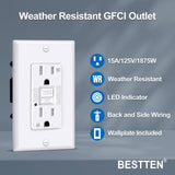 [10 Pack] BESTTEN 15 Amp GFCI Outlet, Outdoor Weather Resistant GFI Receptacle, 15A Ground Fault Circuit Interrupter with LED Indicator, Decorator Wallplates Included, ETL Certified, White