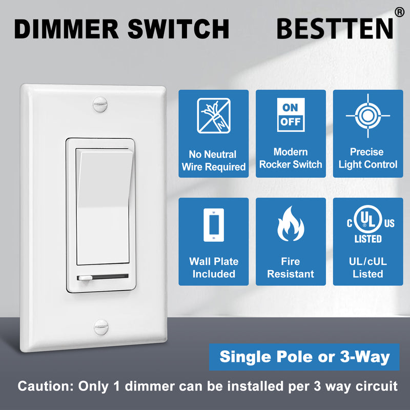 BESTTEN 6 Pack Dimmer Light Switch, LED Dimmer Switch, Single-Pole or 3-Way, for Dimmable LED, Halogen and Incandescent Bulbs, 120V, Wall Plate Included, UL Listed, White