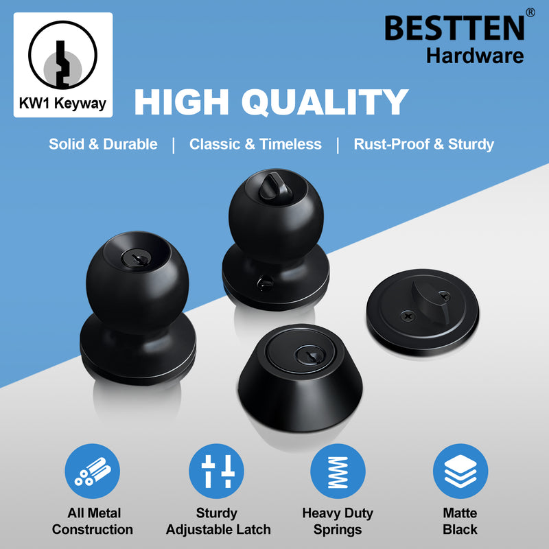 BESTTEN 3 Pack Keyed Alike Exterior Door Knobs and Single Cylinder Deadbolts Combo Set, Matte Black Exterior Door Lock Set for Entrance and Front Door