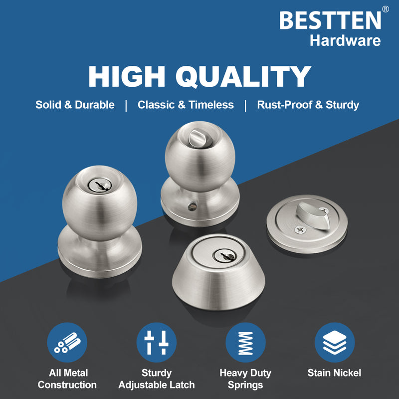 2 Pack Keyed Same Exterior Door Knobs and Single Cylinder Deadbolts Combo Set, Keyed Alike Entry Door Knobs with Locks and Keys for Entrance and Front Door, Satin Nickel